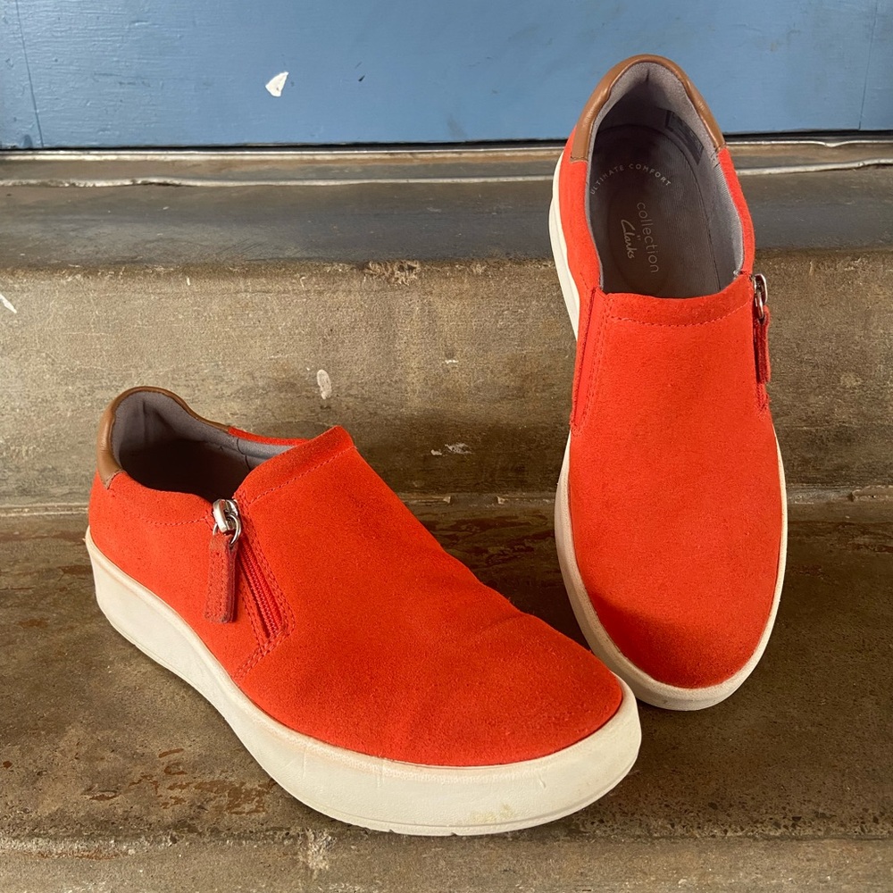 Clarks Layton Step Orange Suede Platform Shoes - Picture 1 of 7